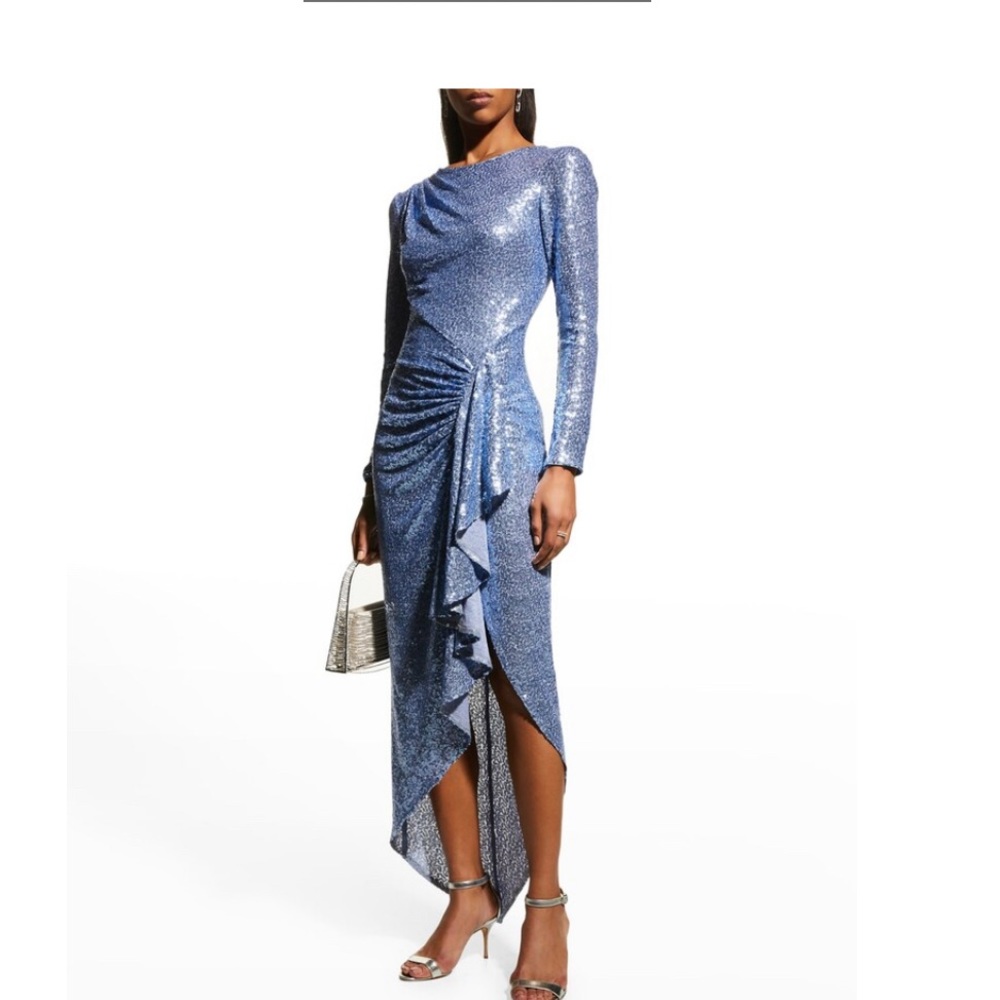 NEW SHO SEQUIN OPEN BACK LONG SLEEVE BLUE CORAL WOMEN'S GOWN SIZE M